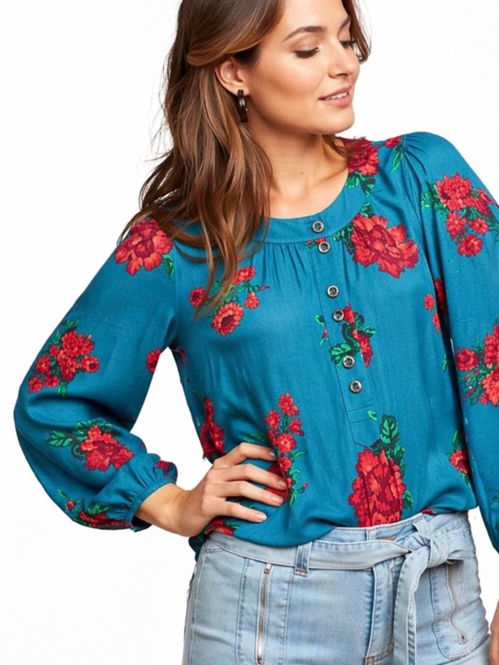 Anthropologie Maeve Kalas Teal Henley Floral Woven Blouse Size XS